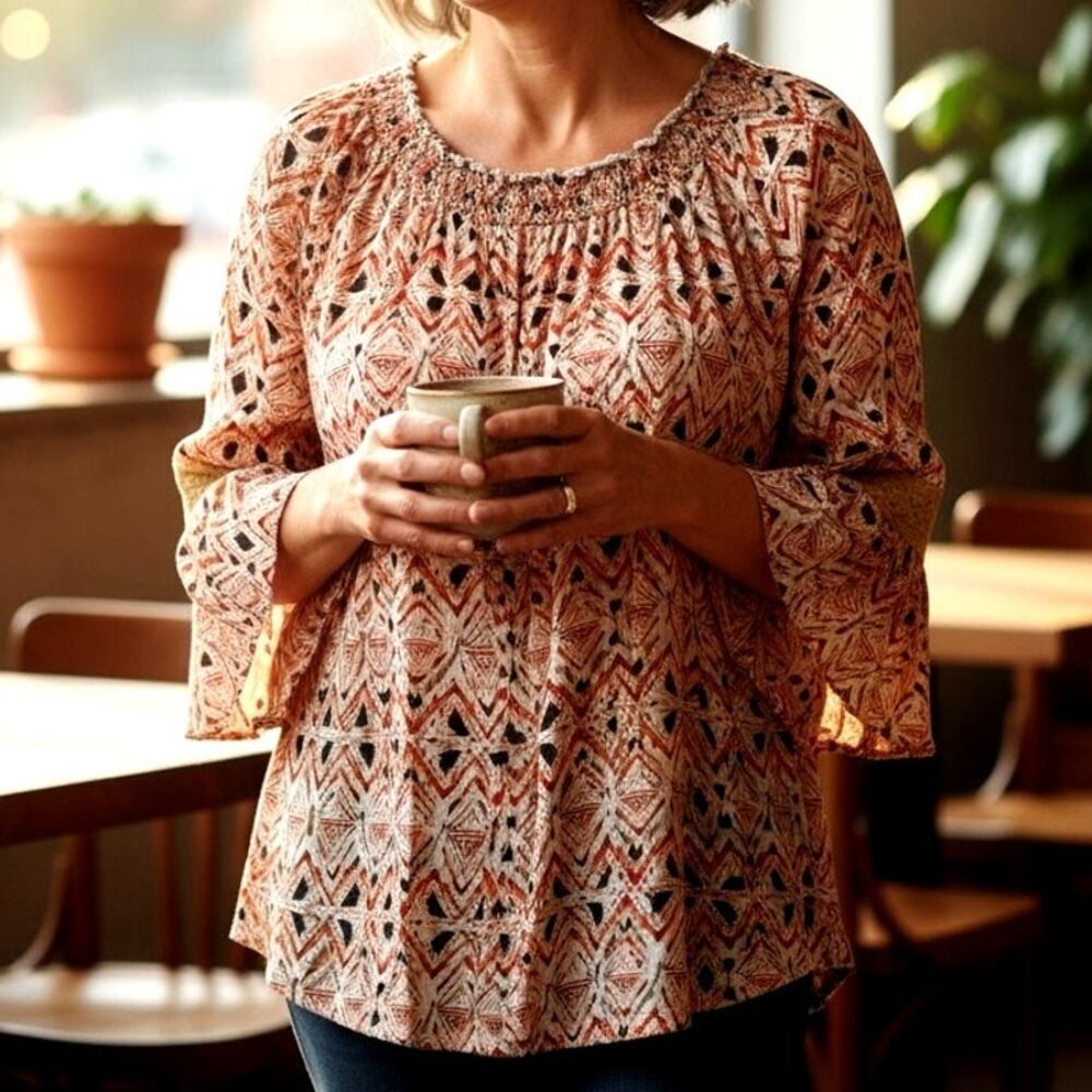 🍂 Aztec Peasant Tunic Small 🍁Black Beige Orange Boho Fall Tones Faded Glory